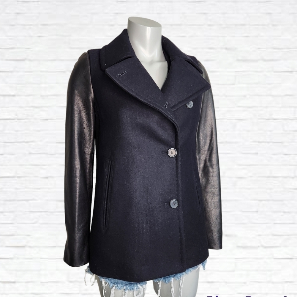 Wool Blend Navy Peacoat with Leather Sleeves
